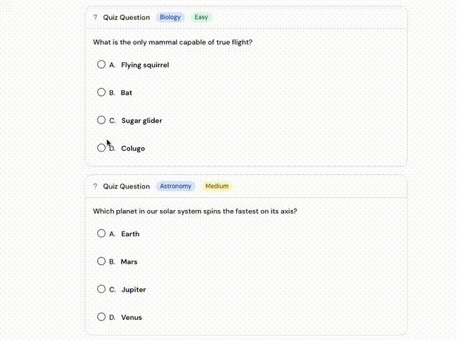 A multiple-choice quiz question appearing interactively within a Losi Chat conversation.